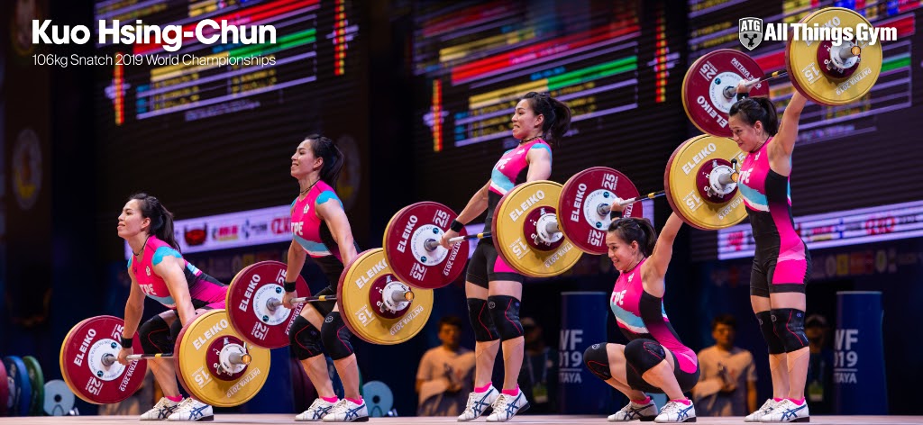 Taiwanese weightlifter Kuo Hsing-Chun snatching 106kg at the 2019 World Weightlifting Championships.